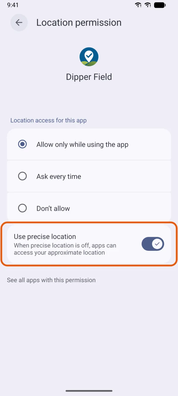 Dipper Field's location permission in Android Settings.