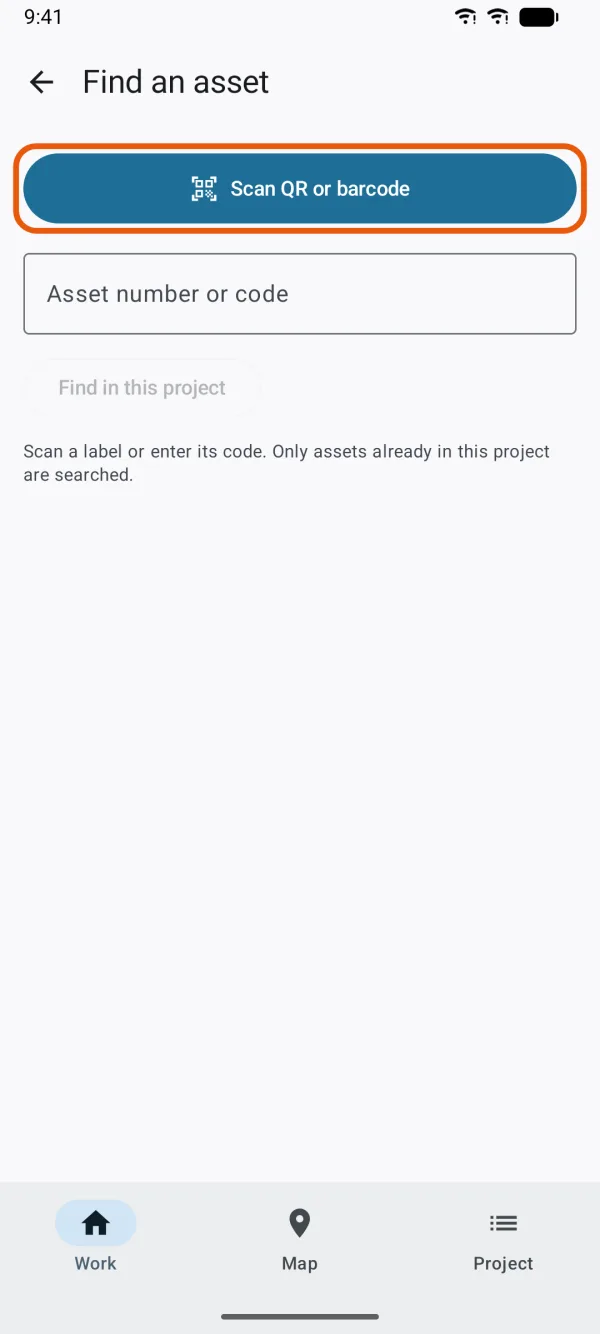 Find an asset, with Scan QR or barcode and the code field.