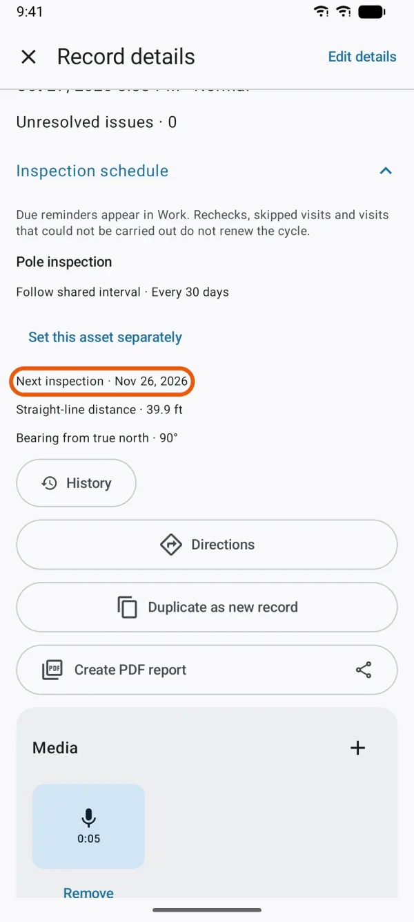 The asset's inspection schedule, with its next date.