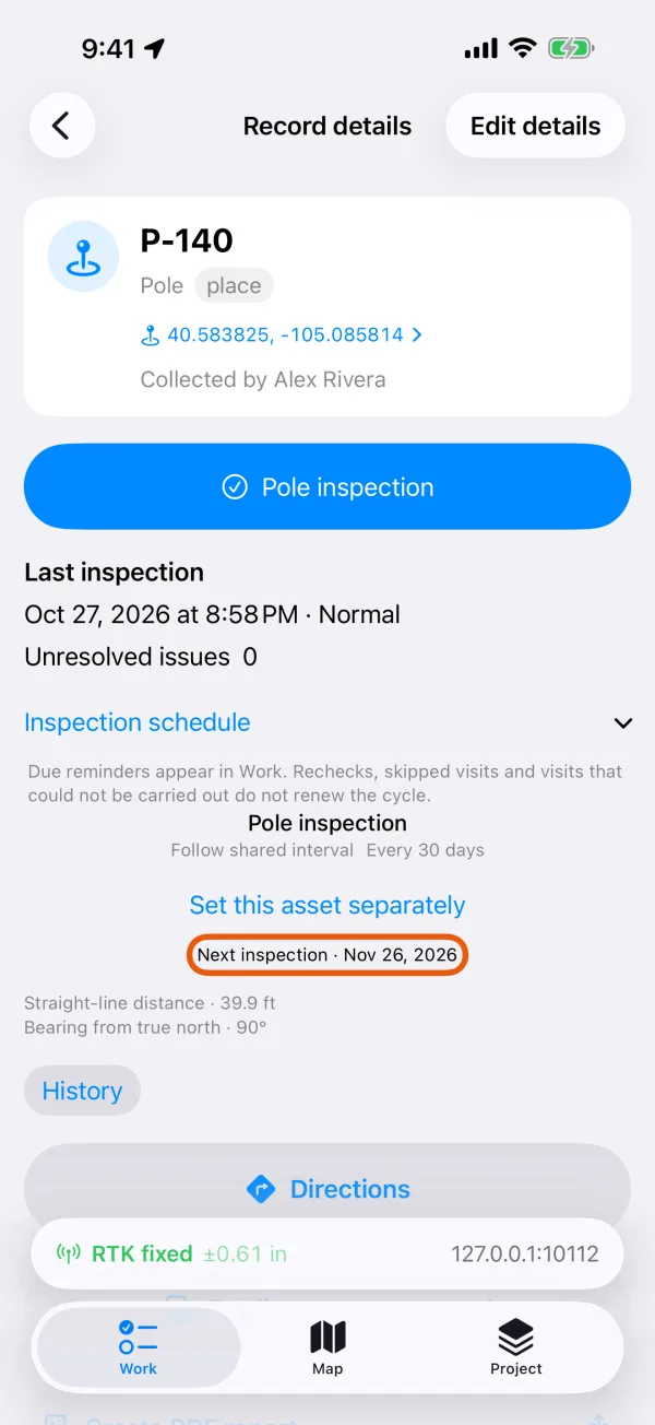 The asset's inspection schedule, with its next date.