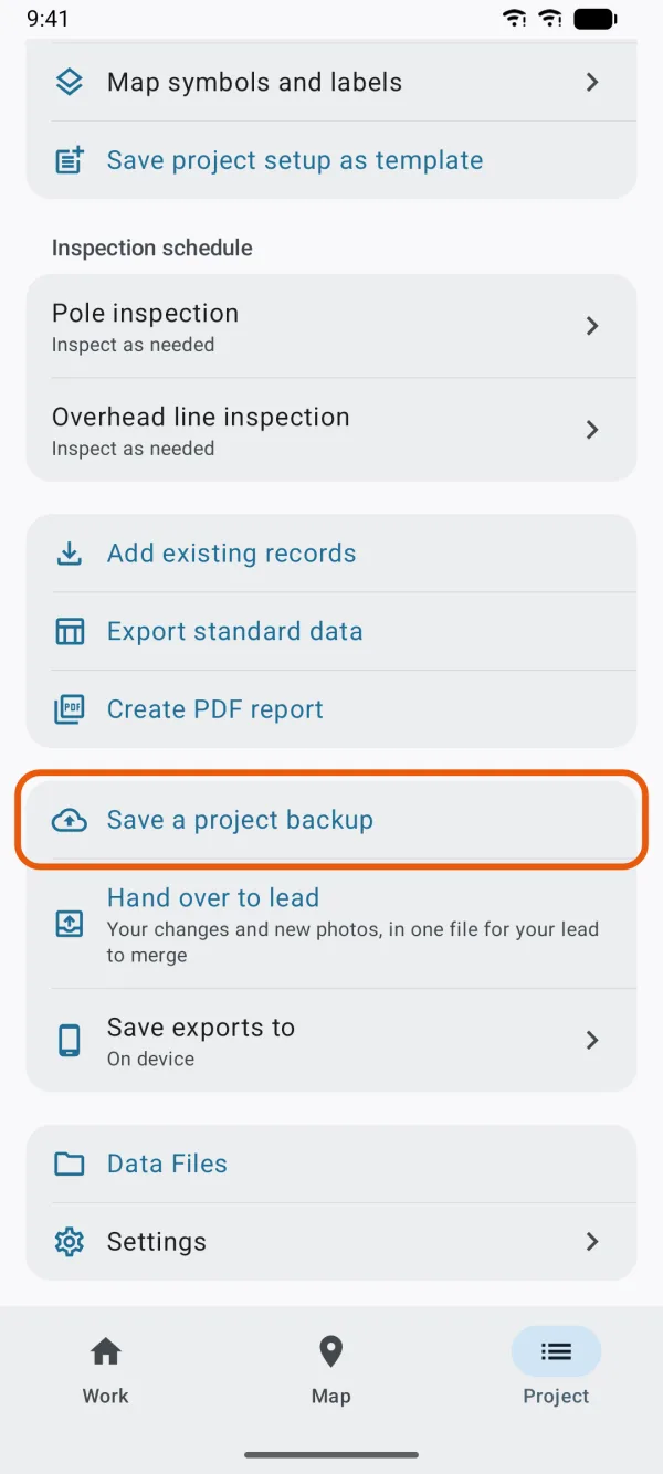 The Project tab, with Save a project backup marked.