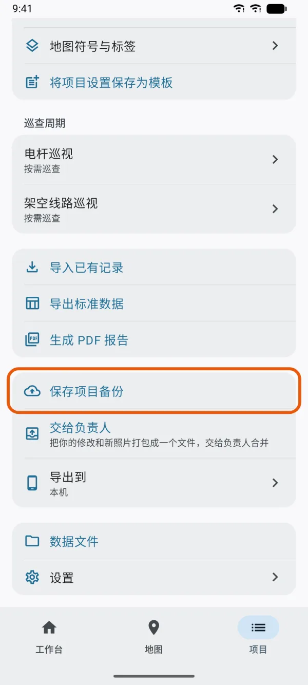 “项目”标签页，标出了“保存项目备份”。