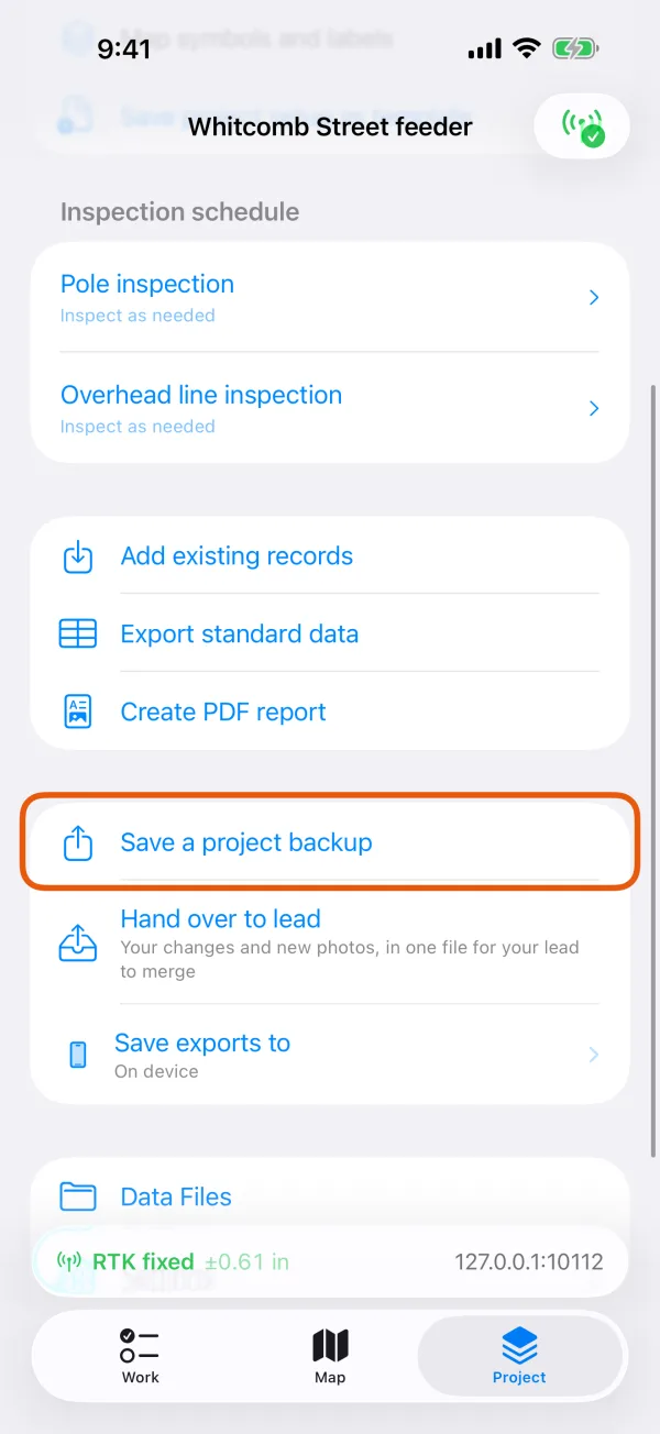 The Project tab, with Save a project backup marked.