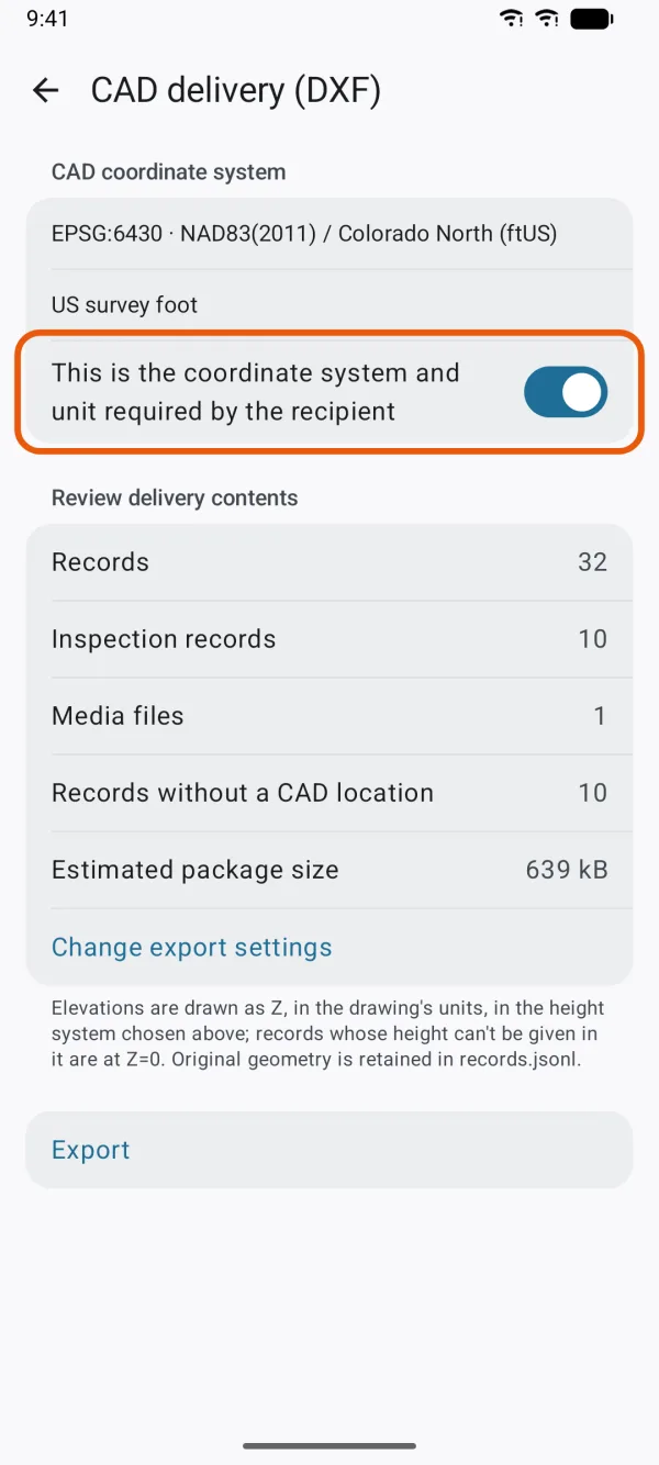 The confirmation switch above Export.