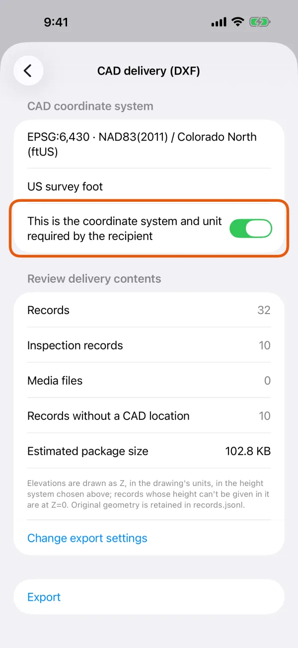 The confirmation switch above Export.