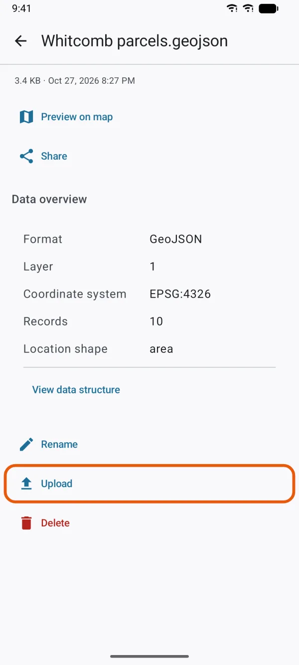 A file's page, with Preview on map, Share, Rename, Upload and Delete.