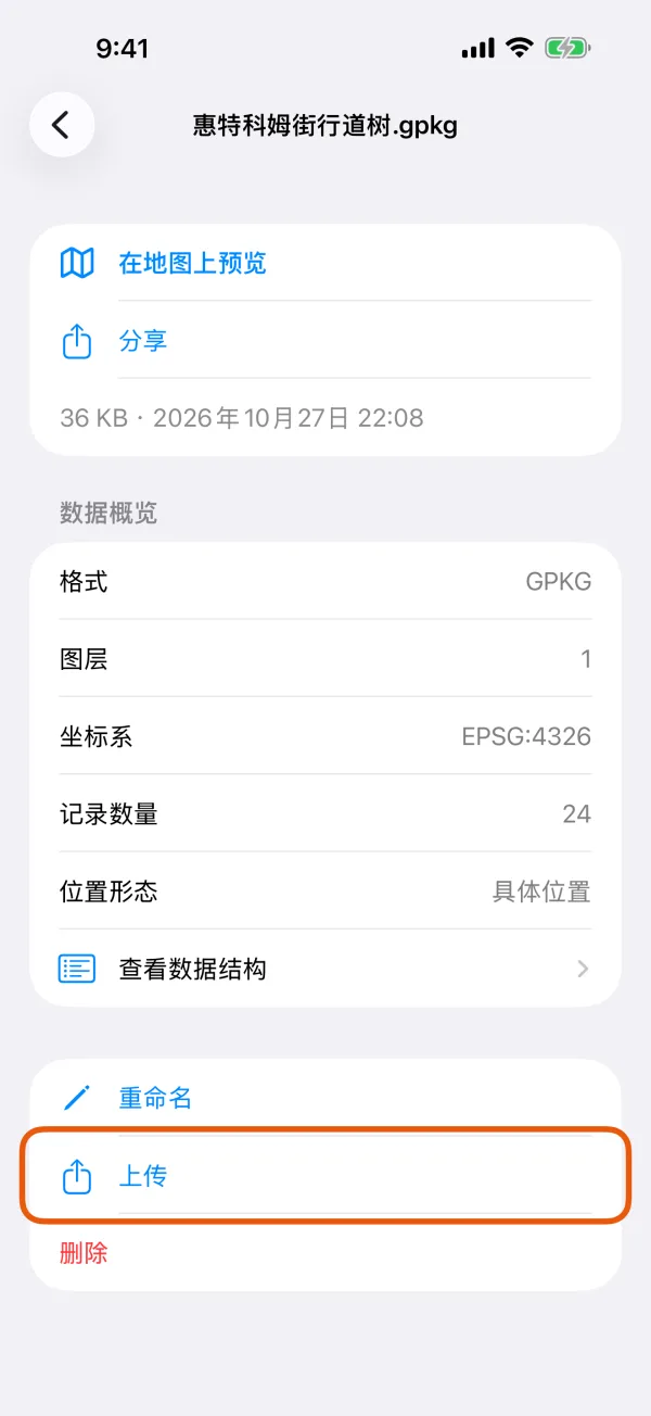 一个文件的页面，显示“在地图上预览”“分享”“重命名”“上传”和“删除”。