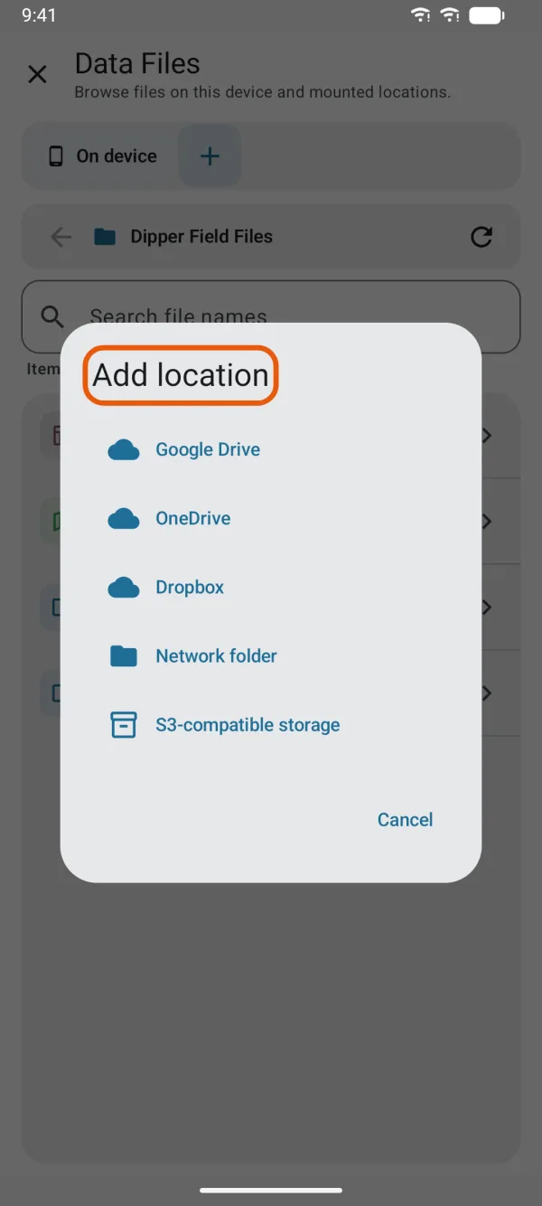 The + menu with the kinds of location.