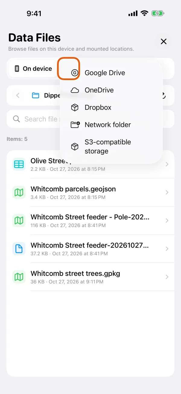 The + menu with the kinds of location.
