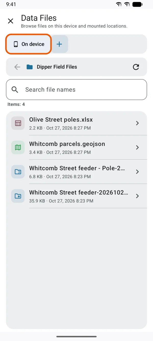 On Device, with the path bar, search and the files.