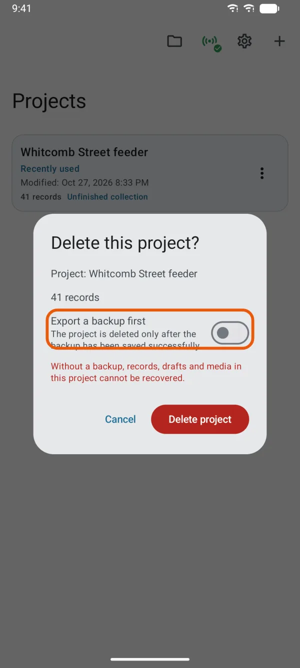 The confirmation, with Export a backup first above Delete project.
