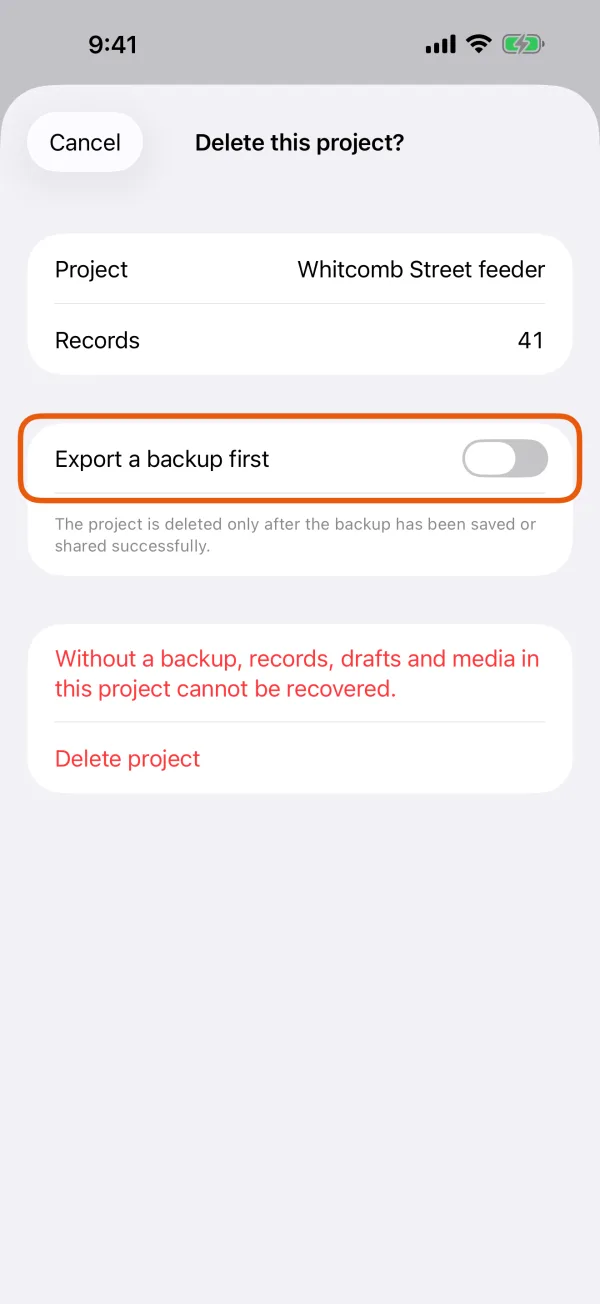 The confirmation, with Export a backup first above Delete Project.