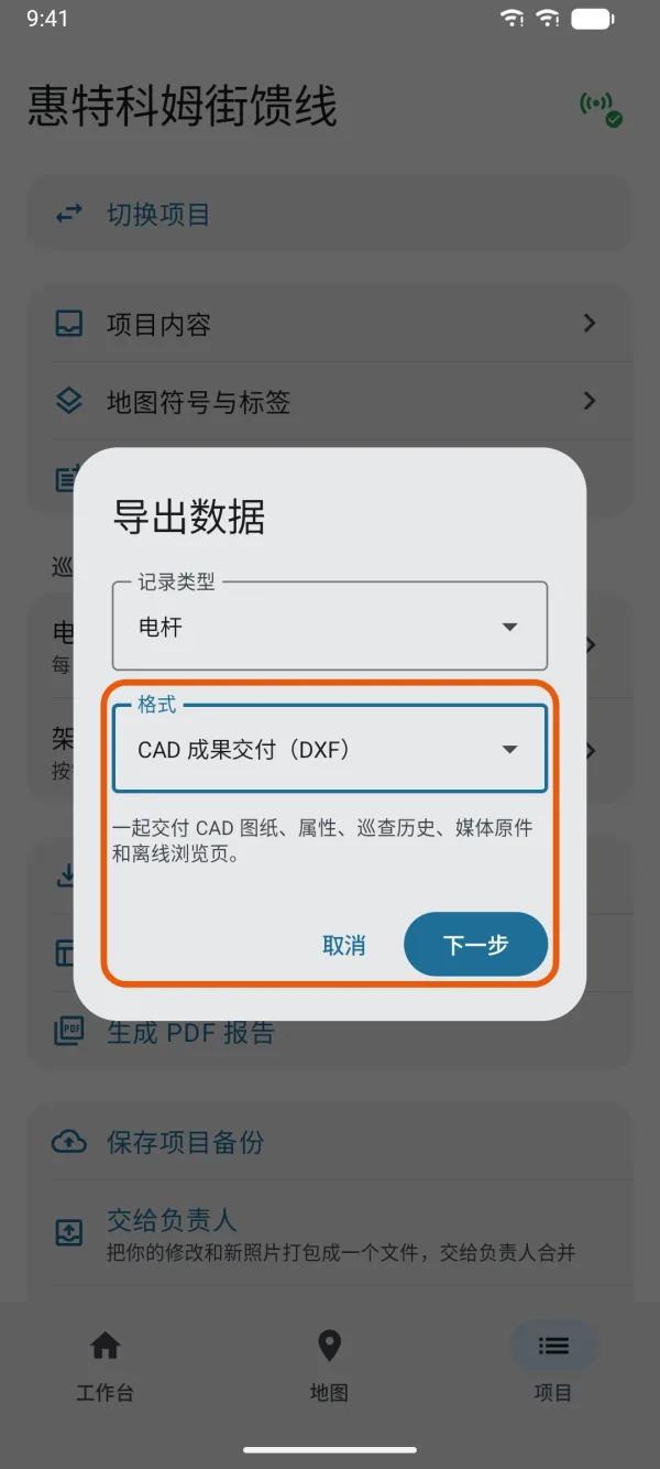 选中“CAD 成果交付（DXF）”，以及“下一步”。