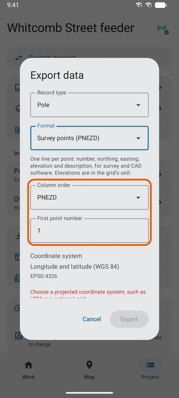 Column order and First point number.