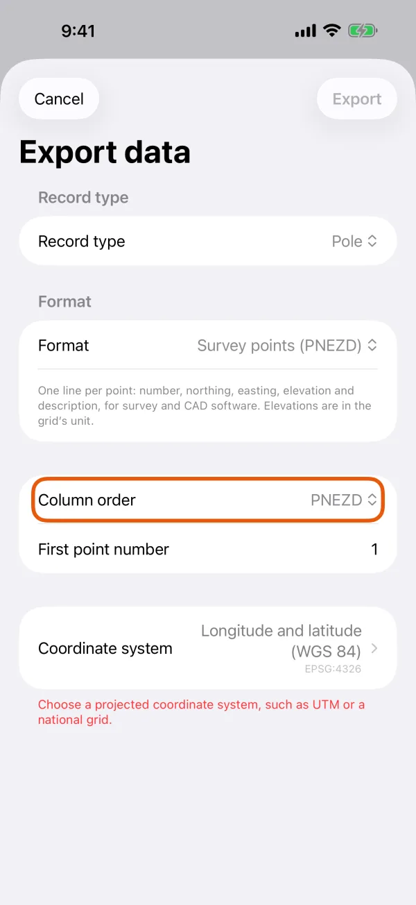 Column order and First point number.
