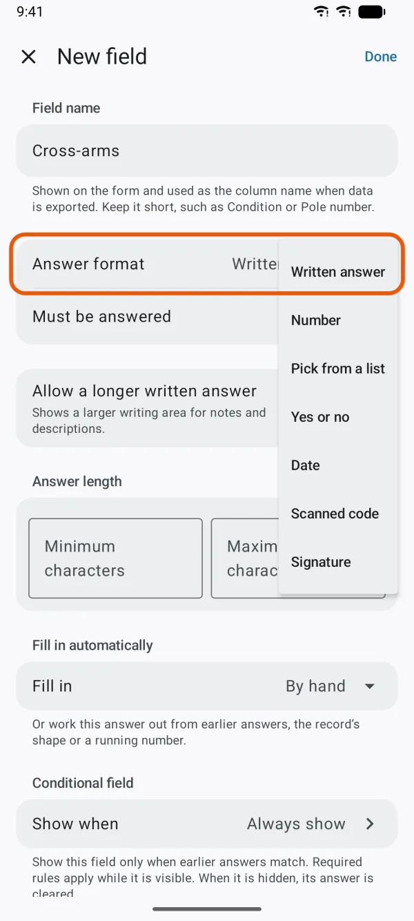 The answer formats to choose from.