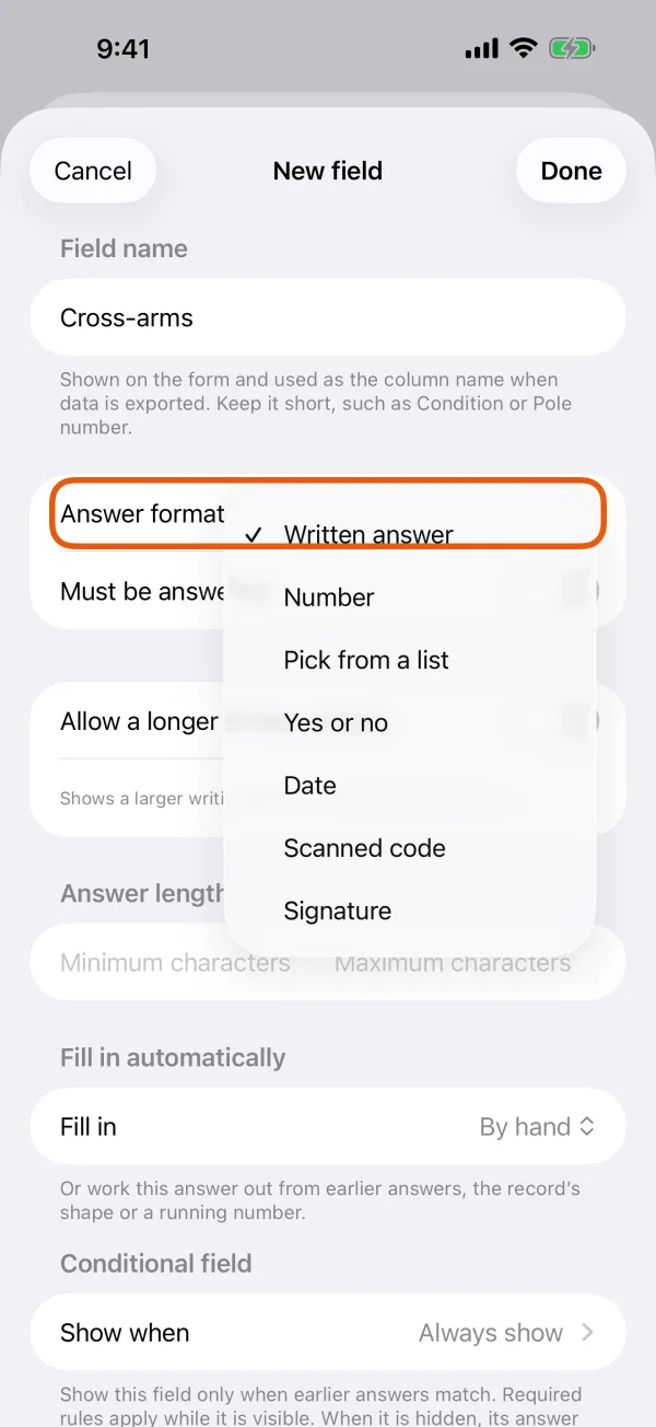 The answer formats to choose from.