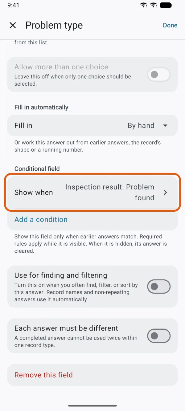 The Conditional field section, with Show when.