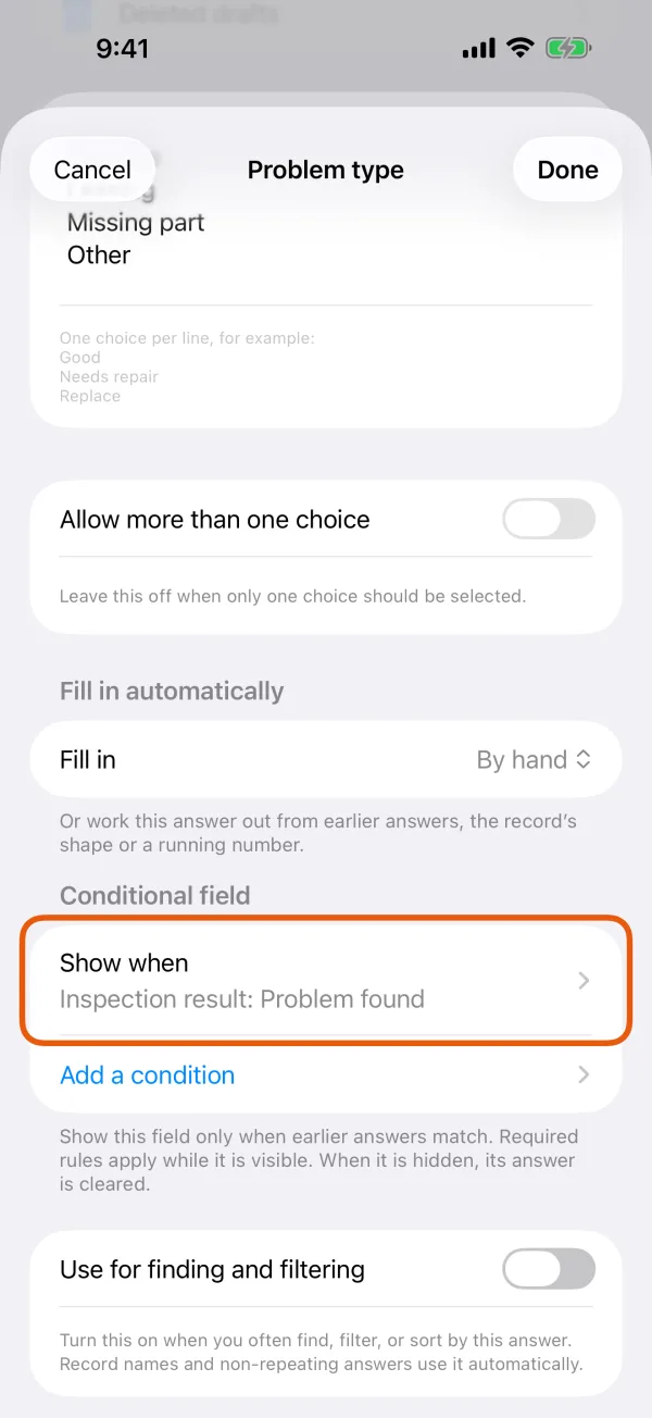 The Conditional field section, with Show when.