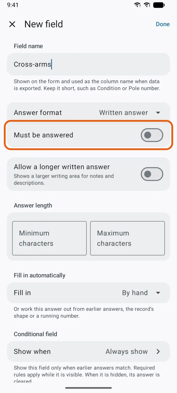 The Must be answered switch under Answer format.