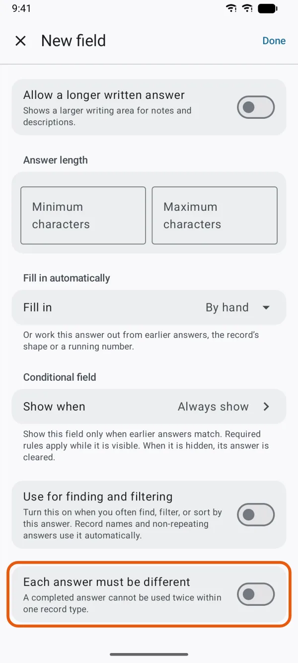The Each answer must be different switch.