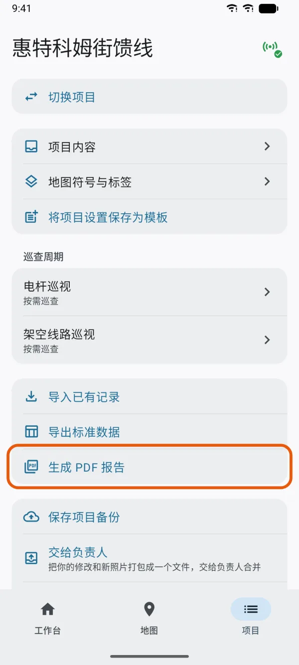 “项目”标签页，标出了“生成 PDF 报告”。