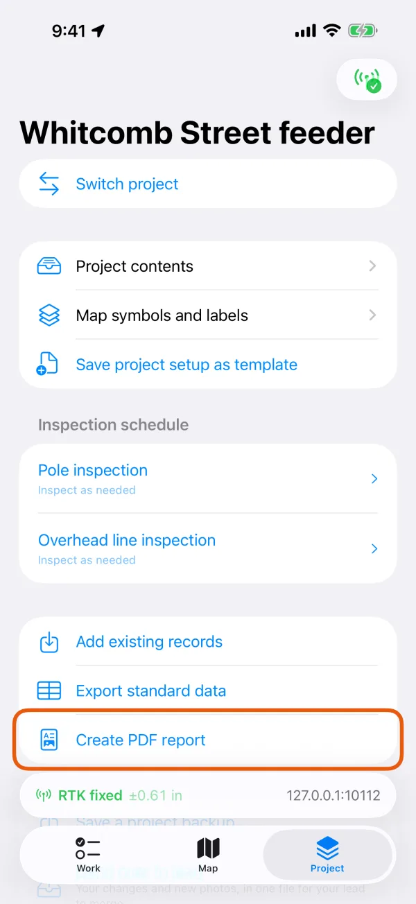The Project tab, with Create PDF report marked.