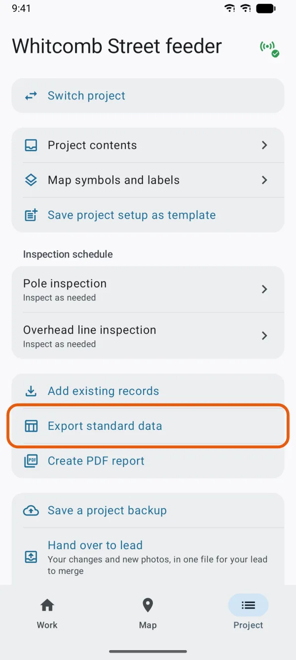 The Project tab, with Export standard data marked.