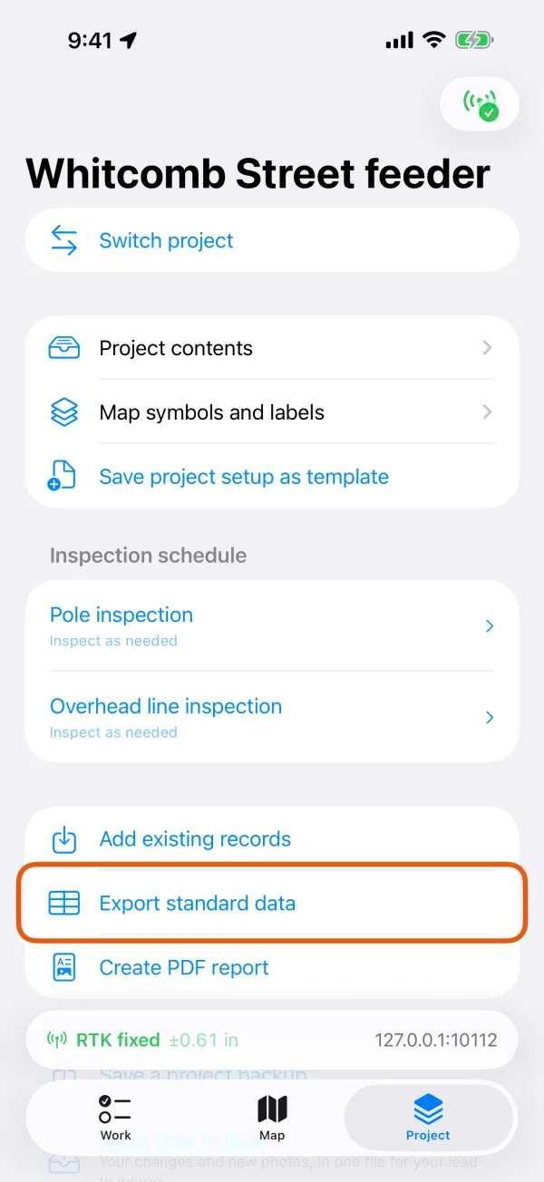 The Project tab, with Export standard data marked.