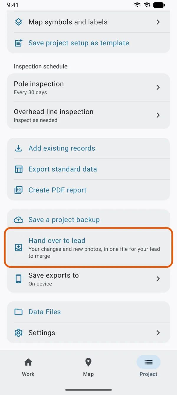 The Project tab, with Hand over to lead marked.