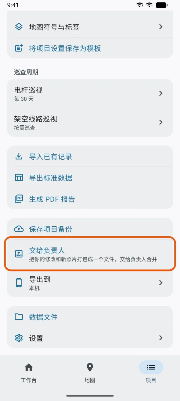 “项目”标签页，标出了“交给负责人”。