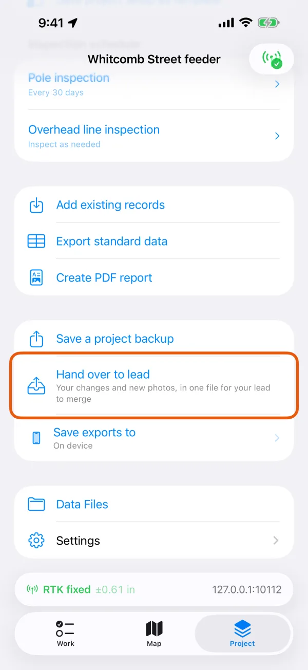 The Project tab, with Hand over to lead marked.