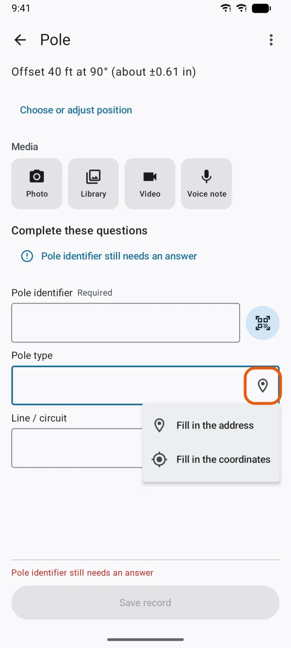 The map pin button beside a written answer, with its two choices.