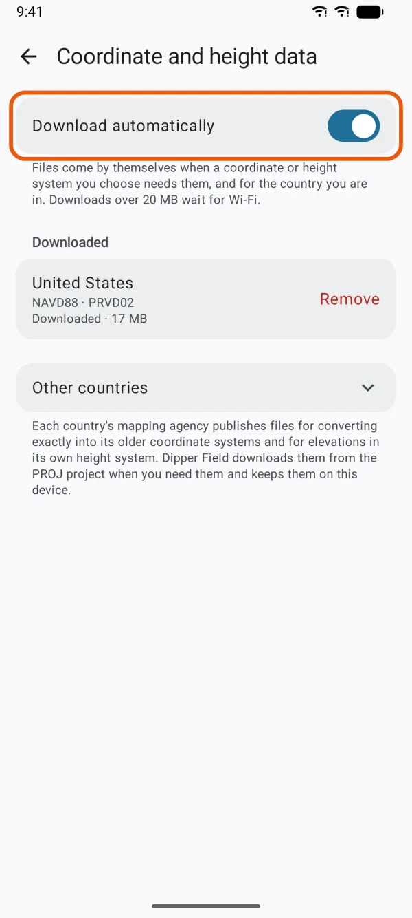 The Download automatically switch, with the downloaded sets below it.