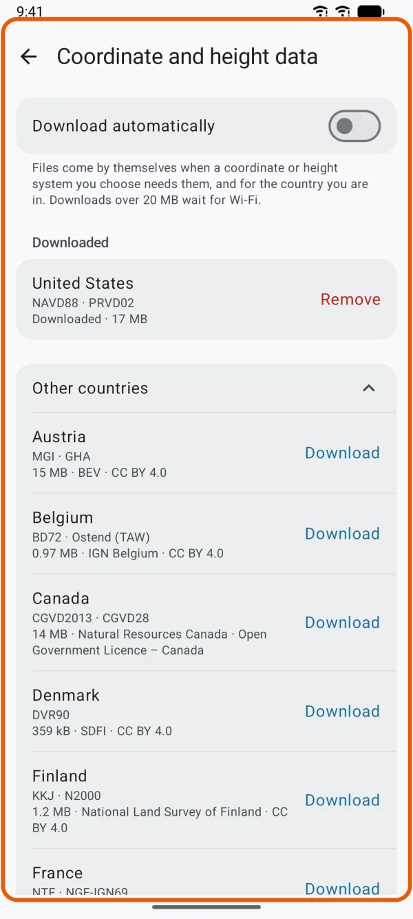 A country under Other countries, with its systems, size and Download.
