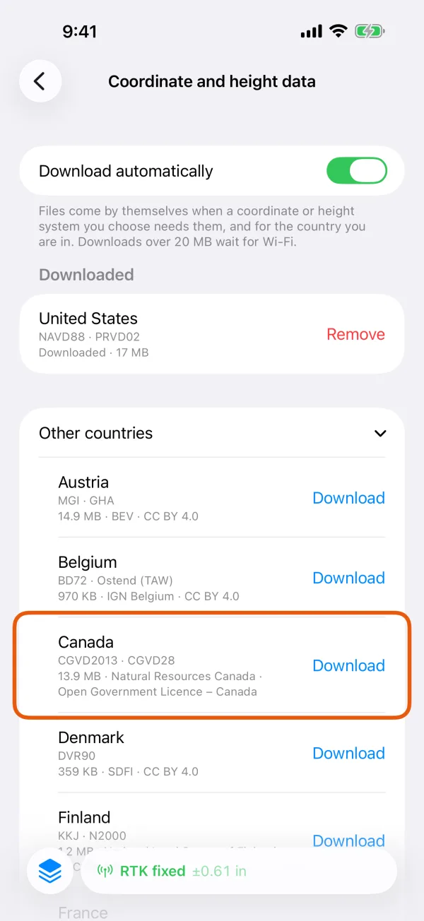 A country under Other countries, with its systems, size and Download.