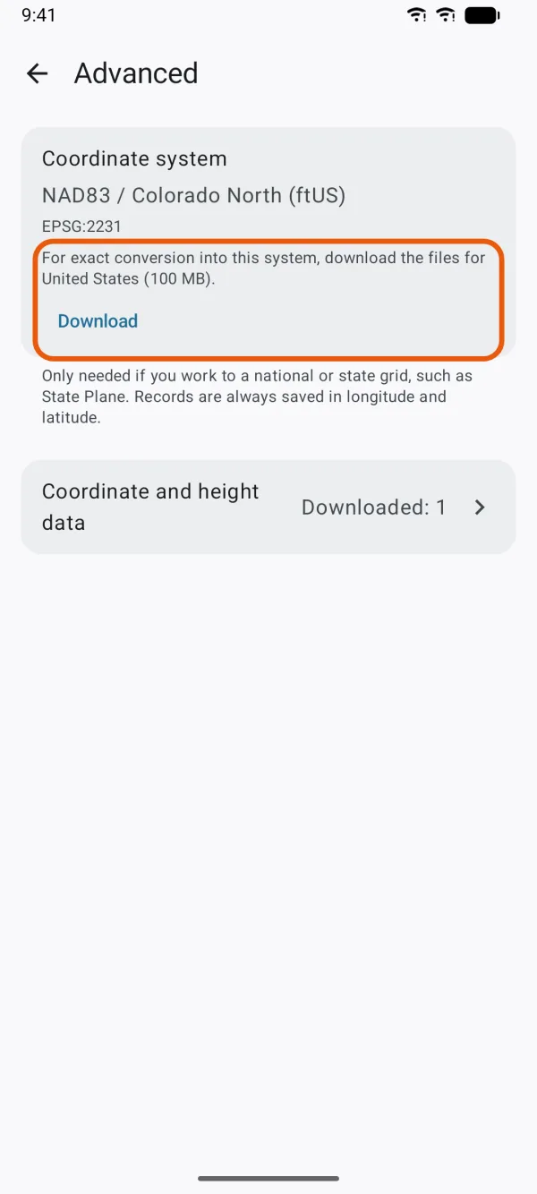 The line under the Coordinate system row, with Download.