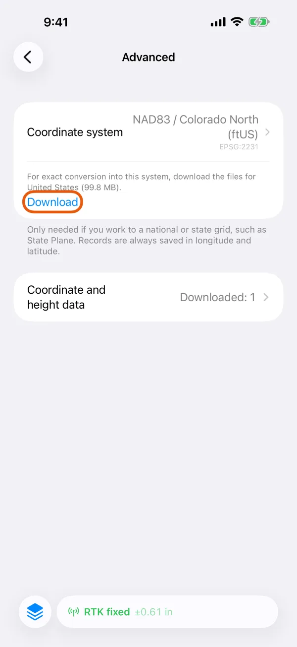 The line under the Coordinate system row, with Download.