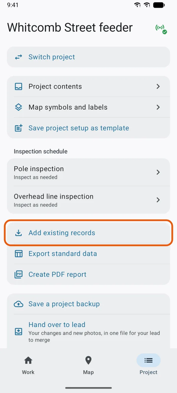 The Project tab, with Add existing records marked.