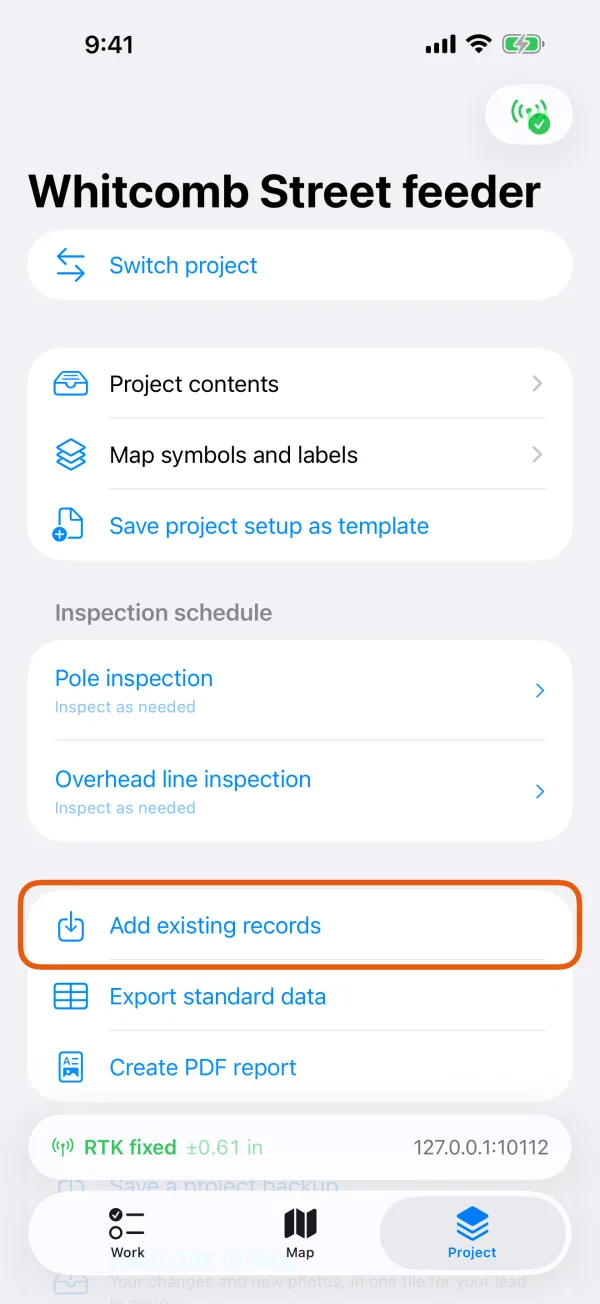 The Project tab, with Add existing records marked.