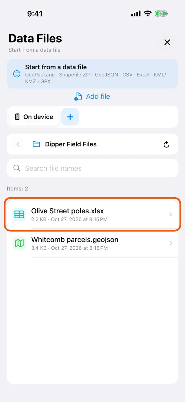 Data Files, ready to choose a data file.