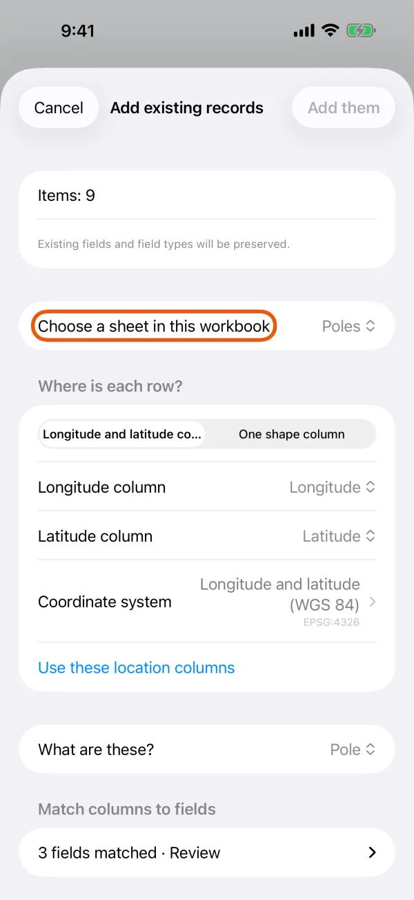 The sheet picker and the item count.
