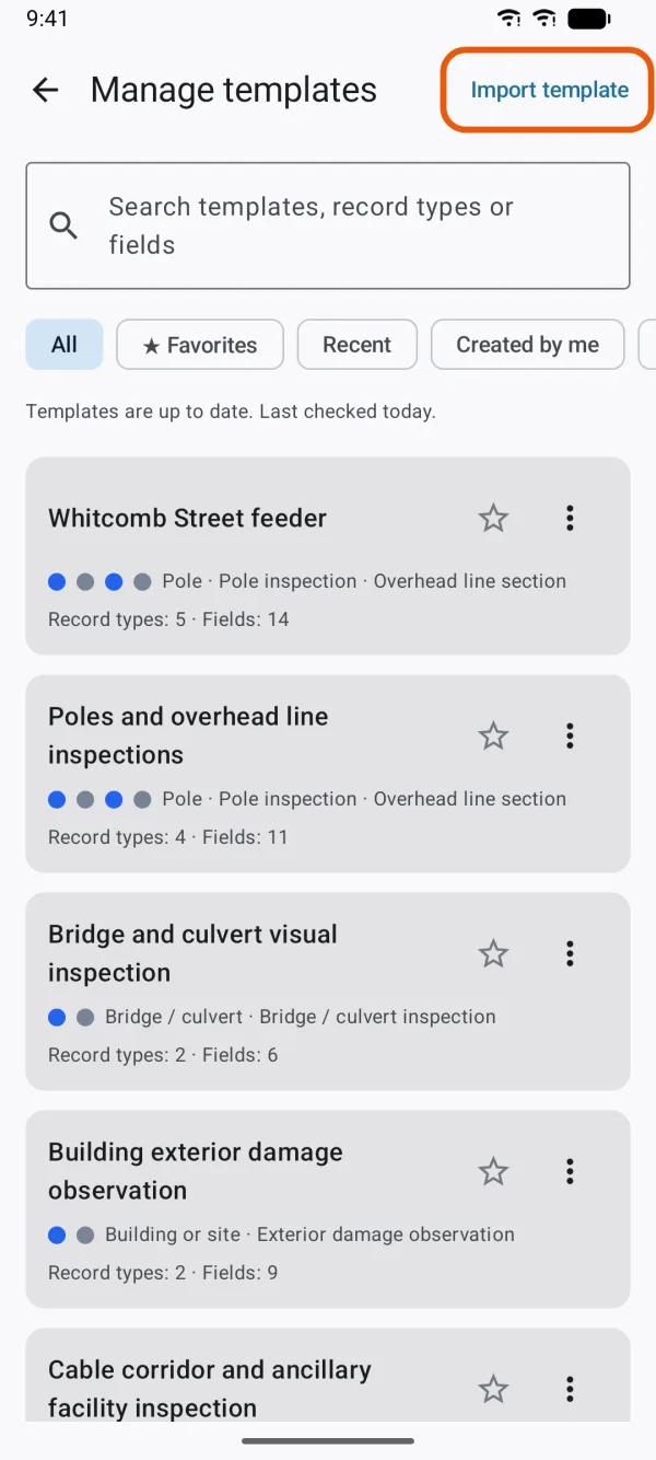 The Import template button at the top of Manage Templates.