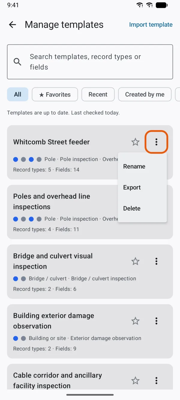 Manage Templates, with a card's menu open.