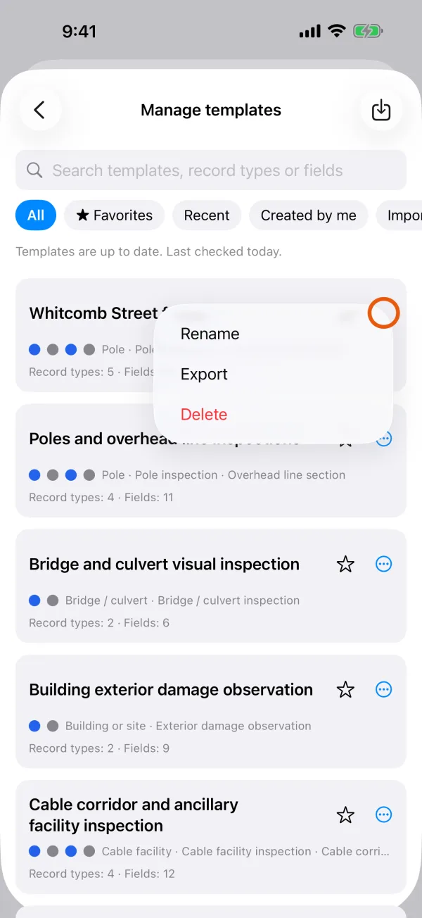 Manage Templates, with a card's menu open.