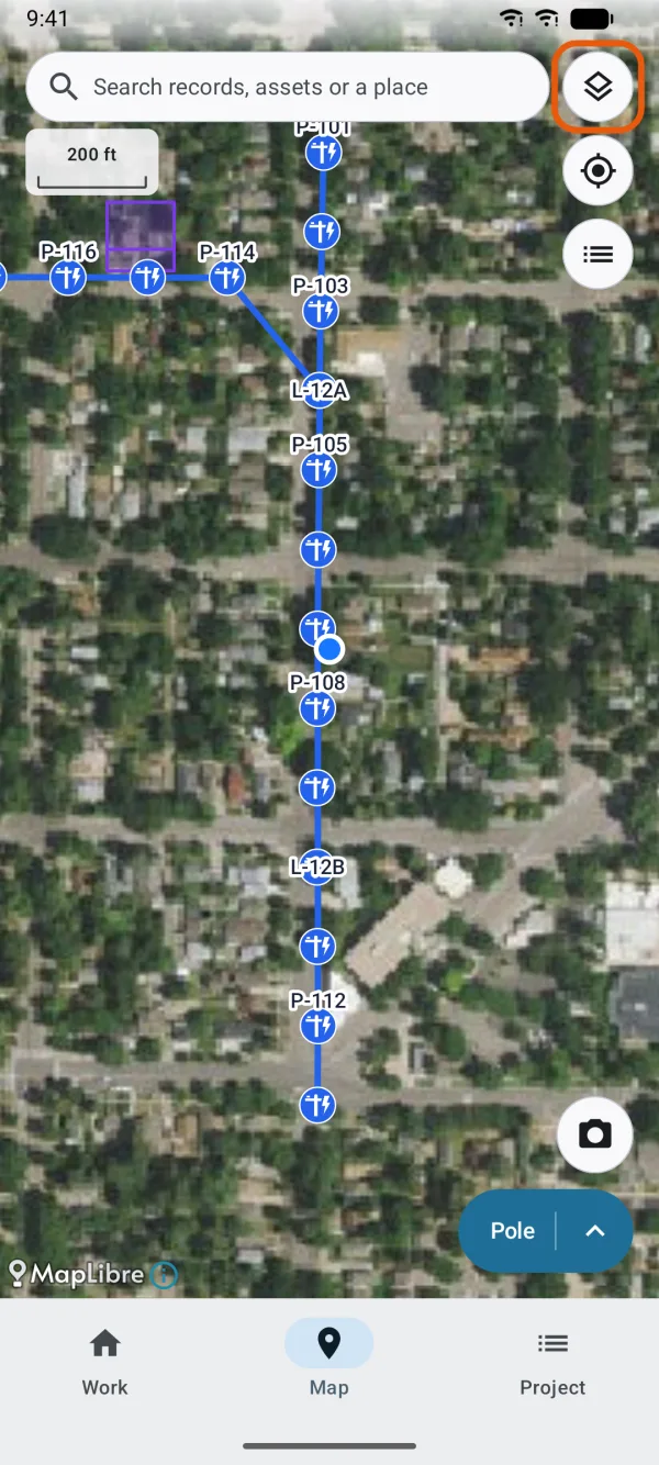 The column of map buttons, from Map layers down to Records in this area.