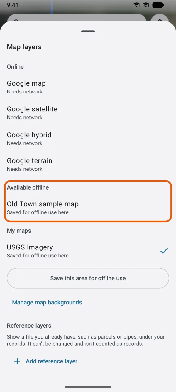 An imported topo map under Available offline here.