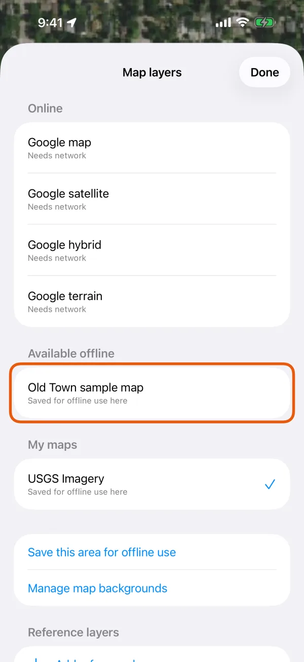 An imported topo map under Available offline here.