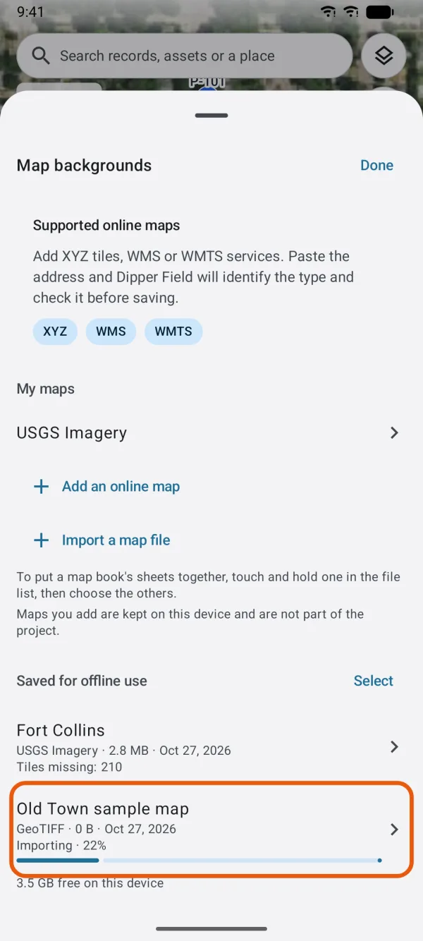 The imported map under Saved for offline use, with its progress.