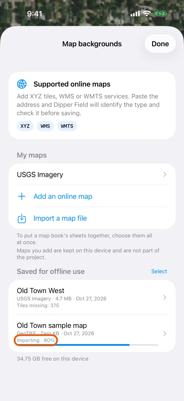 The imported map under Saved for offline use, with its progress.